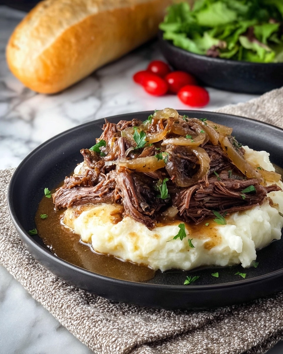 The dish shows two main layers on a round black plate sitting on a white marbled surface with a textured cloth under the plate's edge. The bottom layer is creamy mashed potatoes, white and smooth with tiny lumps. On top is a thick layer of shredded beef that is dark brown and tender, covered with cooked translucent onion slices and a light brown gravy that glistens. Small green parsley pieces are sprinkled across the beef and gravy. In the blurred background, there is a white baguette loaf and a black bowl filled with green lettuce and red cherry tomatoes. photo taken with an iphone --ar 4:5 --v 7