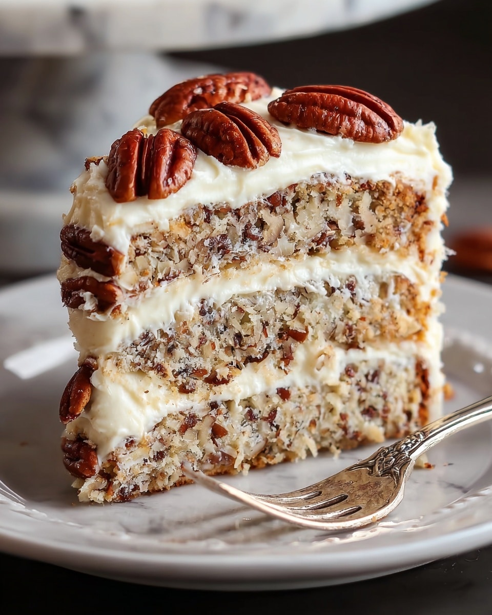 A slice of three-layer cake sits on a white plate with a silver fork resting beside it. The cake layers are light brown with visible chopped nuts baked inside, creating a rough texture throughout. Every layer is evenly spread with creamy white frosting that appears soft and smooth. The top layer is thickly coated with the same white frosting, and several whole pecans decorate the surface, their shiny reddish-brown shells adding a rich contrast. The background shows a white marbled texture, and the image has soft natural light highlighting the textures and details. photo taken with an iphone --ar 4:5 --v 7