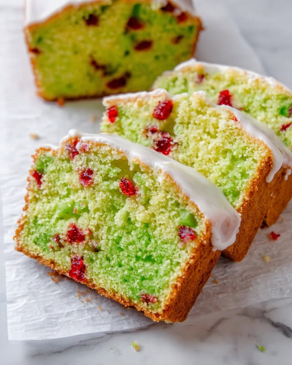 The image shows three slices of a green pound cake with red fruit bits inside, placed on white parchment paper on a white marbled surface. The cake has a smooth white glaze layer on top covering the entire surface, creating a shiny texture. The cake layers are soft and crumbly with bright green color and scattered small red chunks throughout. The slices have a slightly golden brown crust along the edges, adding contrast to the vibrant green inside. The loaf from which the slices were cut is partially visible on the left side of the image. photo taken with an iphone --ar 4:5 --v 7