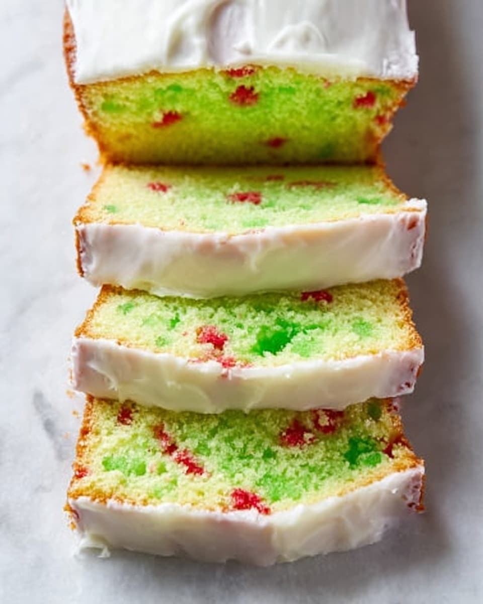 A loaf cake is shown sliced into several pieces, revealing its bright green inside that has small red pieces scattered throughout like tiny spots. The top layer of the cake is covered with smooth white icing, making a thick, even layer. The slices are placed on a white marbled surface, stacked slightly with one slice leaning on another, showing the soft, spongy texture inside. The colors are vibrant with the green cake and red bits standing out against the clean white icing and background. photo taken with an iphone --ar 4:5 --v 7