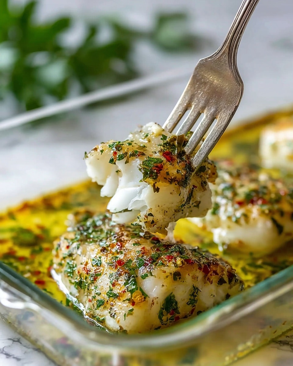 A piece of white fish fillet with a golden-brown crust is lifted by a silver fork, showing a juicy, flaky texture. The fish is covered with finely chopped green herbs and sprinkled with red spices, sitting in a clear glass baking dish filled with a light yellow oily sauce mixed with herbs. The dish is placed on a surface with a white marbled texture and some blurred green leaves in the background. photo taken with an iphone --ar 4:5 --v 7
