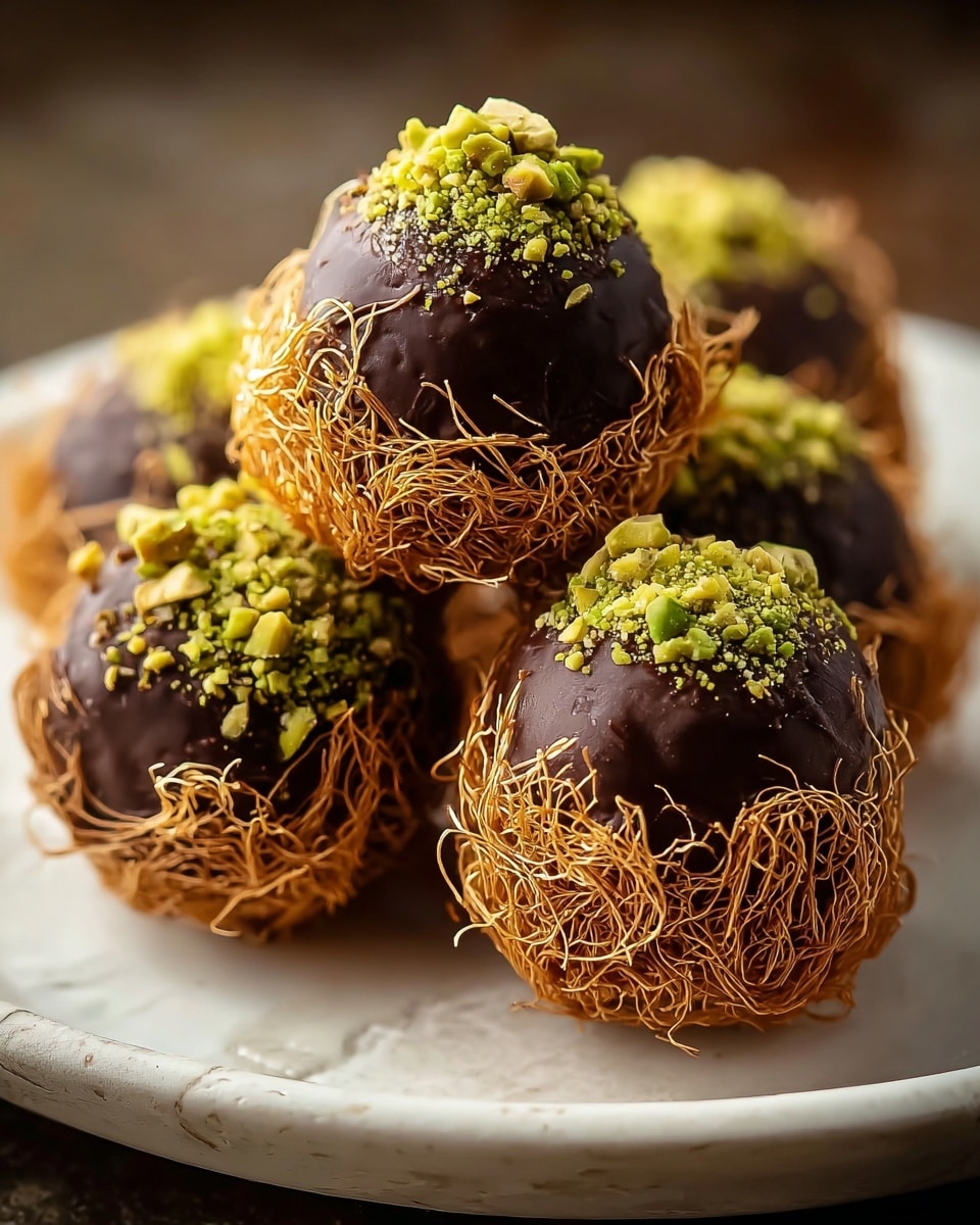 The image shows five round chocolate truffles arranged closely on a white plate with a white marbled texture in the background. Each truffle has a smooth, dark chocolate outer layer with a crunchy nest-like layer made of thin, golden strands covering the lower half. The tops of the truffles are sprinkled with bright green crushed pistachios. The truffles have a shiny texture where the chocolate is visible, contrasting with the rough texture of the golden strands and the crushed nuts on top. Photo taken with an iphone --ar 4:5 --v 7