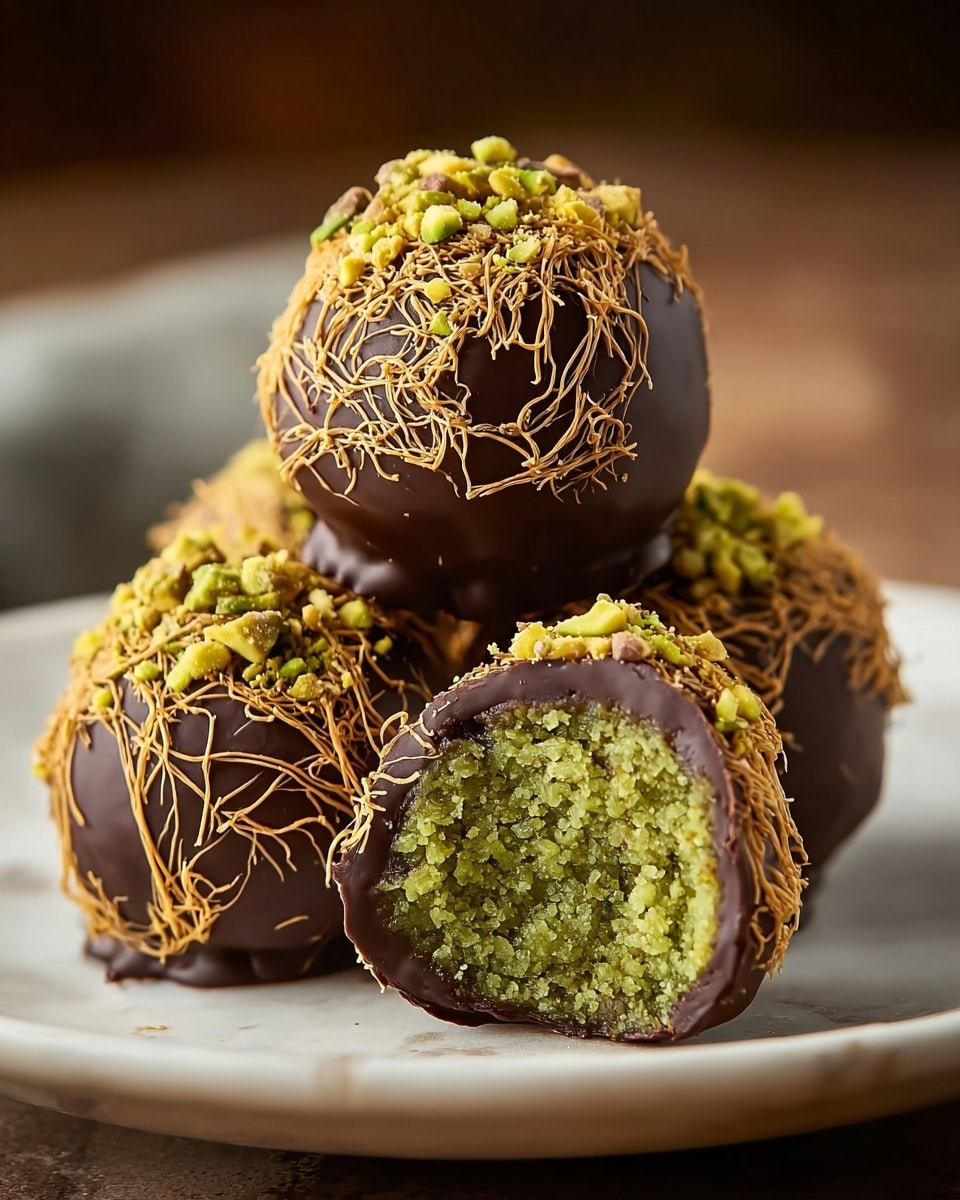 Four round truffles are stacked on a white plate, each coated in a smooth, dark chocolate layer. The outer shell is decorated with thin, crispy golden strands loosely wrapped around the sides, and sprinkled with small green pistachio pieces on top. One truffle at the front is cut open, showing a bright green, crumbly interior center surrounded by a thick dark chocolate layer. The background is blurred with a warm, soft focus on the truffles, all set on a white marbled surface. Photo taken with an iphone --ar 4:5 --v 7