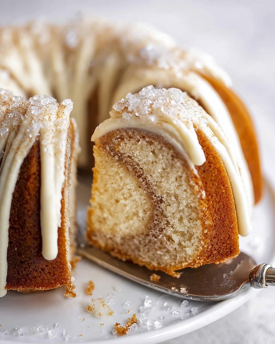 A close-up shows a slice of a light brown bundt cake with a pale cream swirl inside, lifted on a silver cake server. The cake has a smooth light cream frosting drizzled evenly on top with large sugar crystals sprinkled over it, adding sparkle and texture. The cake rests on a white plate with more sugar crystals scattered around. The slice reveals soft, moist texture with a swirl of cinnamon or spice inside. The surface underneath is a white marbled texture. photo taken with an iphone --ar 4:5 --v 7
