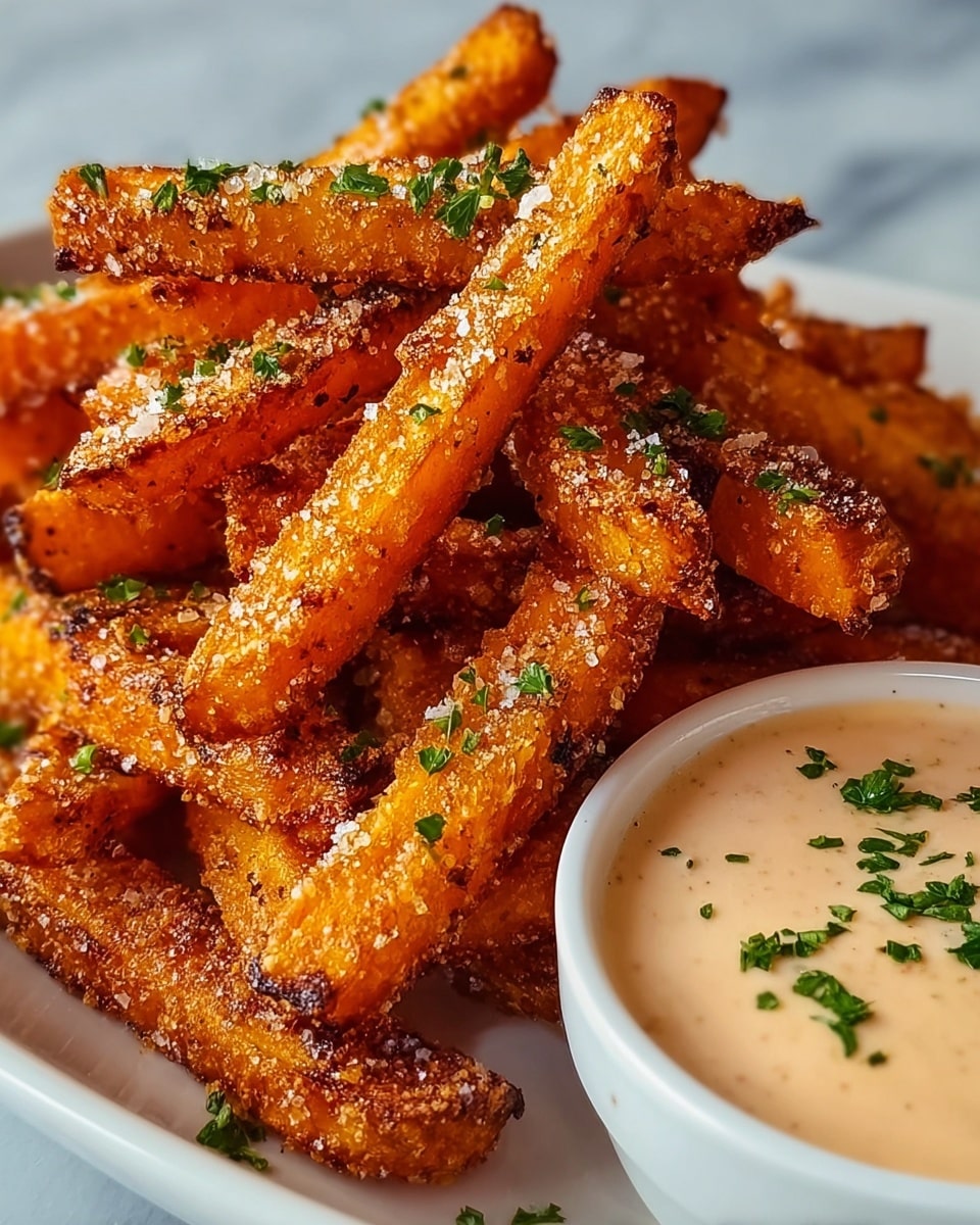 The image shows a close-up of a pile of crispy, golden-brown fries stacked in a white dish. Each fry is thick and has a rough texture, with bits of seasoning and small green parsley pieces scattered on top. The fries have a mix of bright orange and browned edges, highlighting their crunchy exterior. In the top right corner, there is a small white dish filled with creamy, speckled dipping sauce garnished with chopped parsley. The background surface is a white marbled texture. photo taken with an iphone --ar 4:5 --v 7
