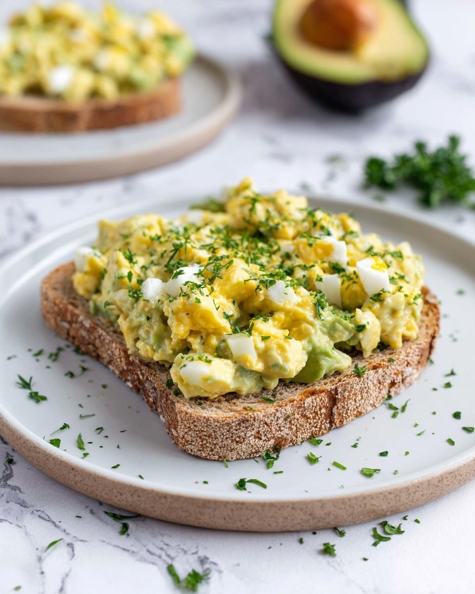 A slice of whole-grain bread lies flat on a round white plate with a smooth texture, topped with a thick layer of chunky egg salad mixed with mashed avocado, showing creamy yellow and green colors with small white and yellow pieces spread evenly. The egg salad is sprinkled with finely chopped green herbs, adding texture and color contrast. Around the plate, loose herbs are scattered on a white marbled surface. In the background, there is a halved avocado with a visible brown pit and another slice of bread topped with the same egg salad, both slightly out of focus. Photo taken with an iphone --ar 4:5 --v 7