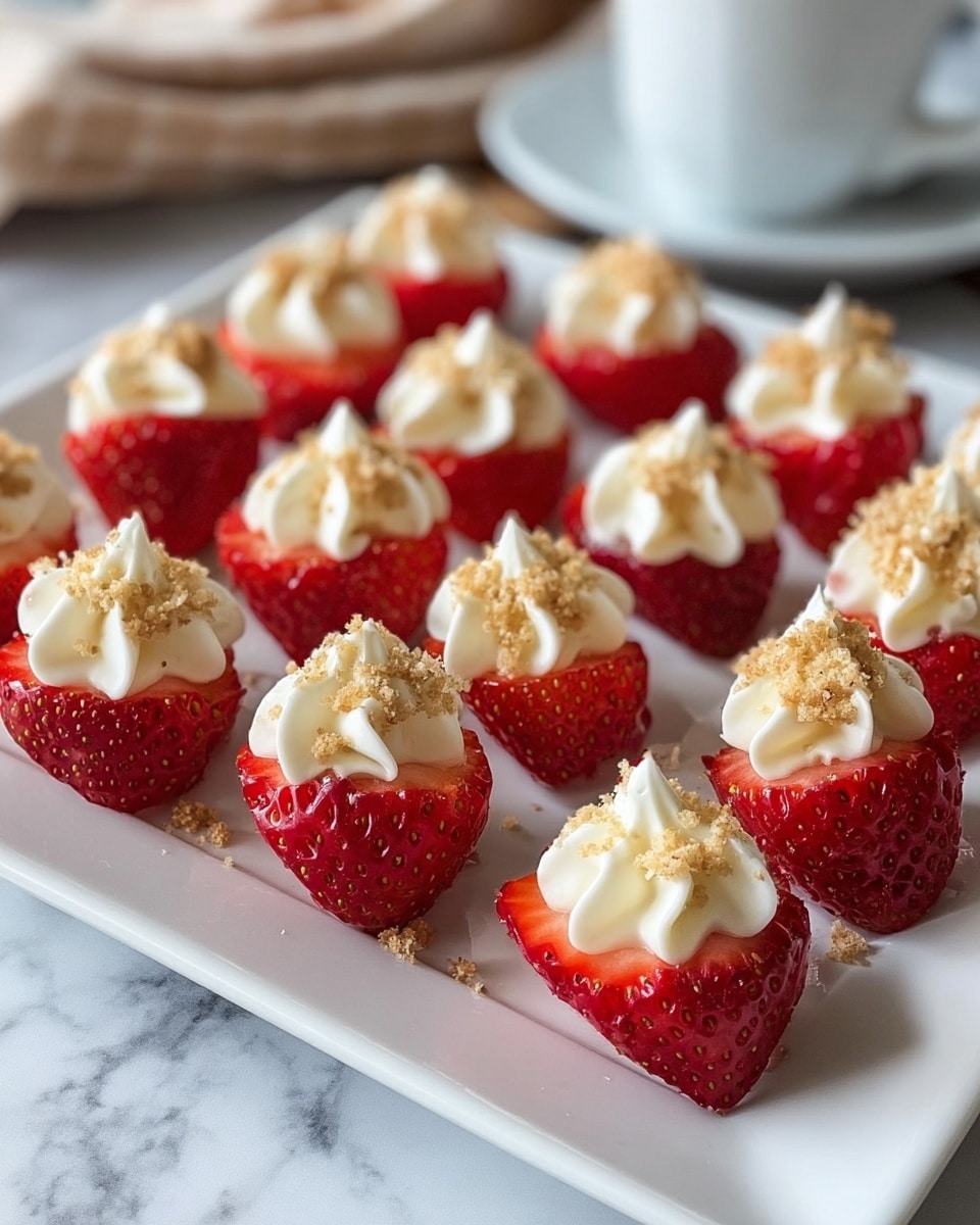 The image shows a white rectangular plate filled with neatly arranged strawberry halves, each topped with a swirl of white creamy filling and sprinkled with a light dusting of crumbled cookie or graham cracker crumbs. The strawberries are bright red with seeds visible, cut to show their juicy texture. The creamy topping is piped in a decorative, flower-like shape on each strawberry half, creating a contrast between the red fruit and white cream. The plate rests on a white marbled background with a blurred cup and cloth in the background. photo taken with an iphone --ar 4:5 --v 7