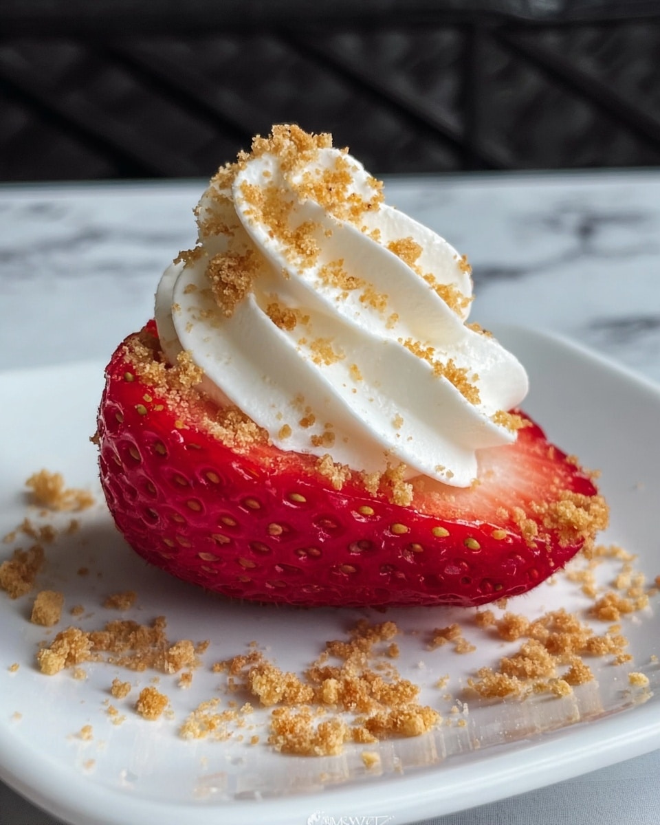 A single half of a bright red strawberry sits on a white plate, facing sideways with the cut side up. On top of the flat side of the strawberry is a swirl of white whipped cream, softly piled with a smooth, creamy texture. Light brown crumbles sprinkle both the whipped cream and the plate around the strawberry, adding a rough texture contrast. The background shows a dark, indistinct pattern, while the plate rests on a surface with a white marbled texture. photo taken with an iphone --ar 4:5 --v 7