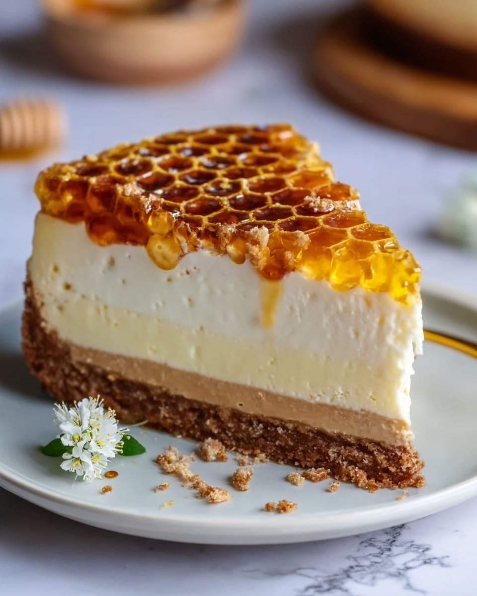 A close-up of a single slice of cake on a white plate showing three distinct layers: the bottom layer is a crumbly brown crust, the middle layer is a smooth, light brown filling, and the top layer is a thick, creamy white cheesecake topped with a honeycomb pattern in shades of golden brown and amber with a shiny texture. There are small crumbs scattered around the plate and a small white flower in front of the slice on the white marbled surface. Photo taken with an iphone --ar 4:5 --v 7