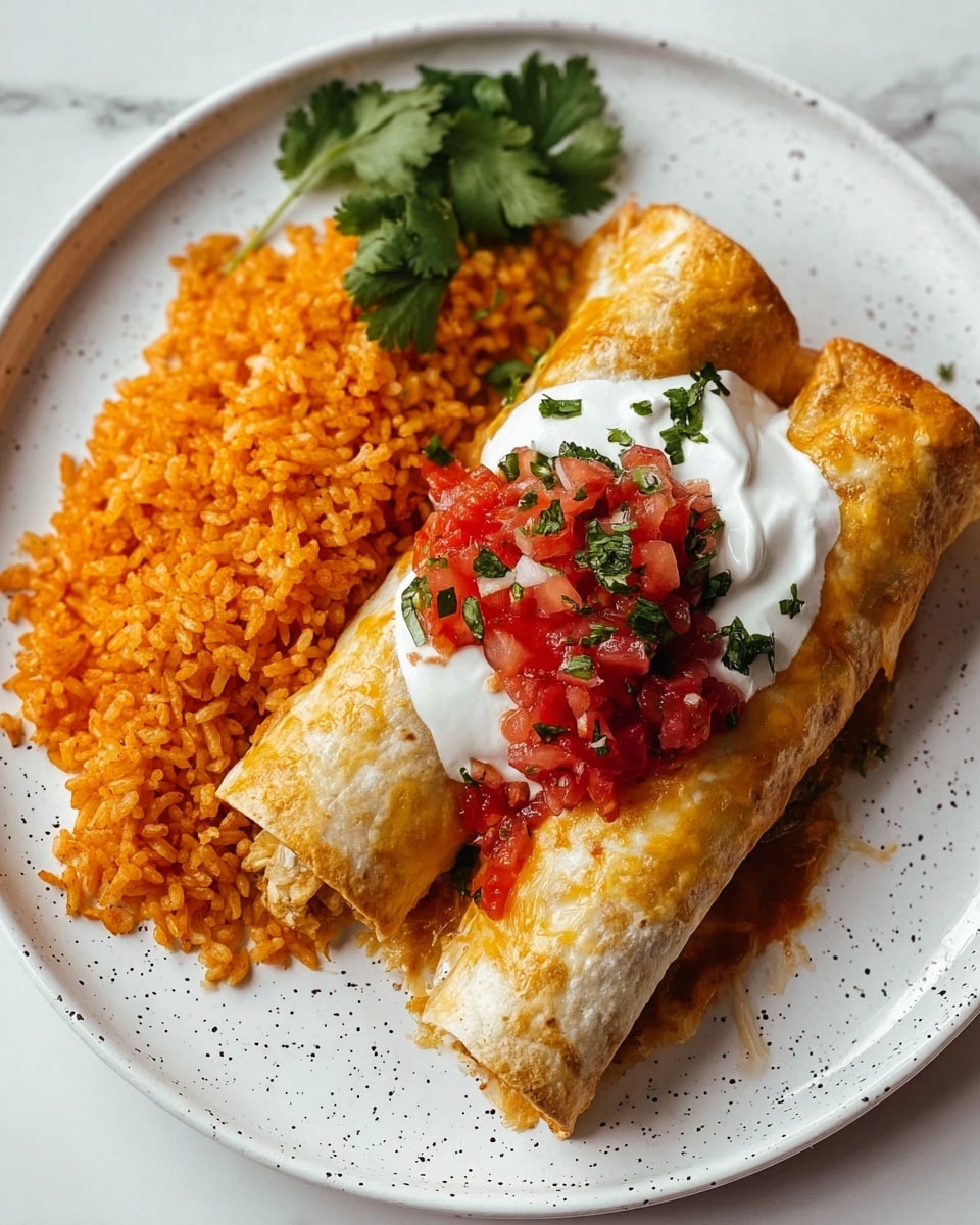 Two golden brown rolled enchiladas sit side by side on a white plate with tiny black speckles, topped with a dollop of white sour cream, bright red chunky salsa with small green herb pieces, and sprinkled with chopped green cilantro. To the right of the enchiladas is a mound of vibrant orange Mexican rice with flecks of green herbs. On the left side of the plate, extra cilantro leaves add a fresh touch. The plate rests on a white marbled surface. photo taken with an iphone --ar 4:5 --v 7