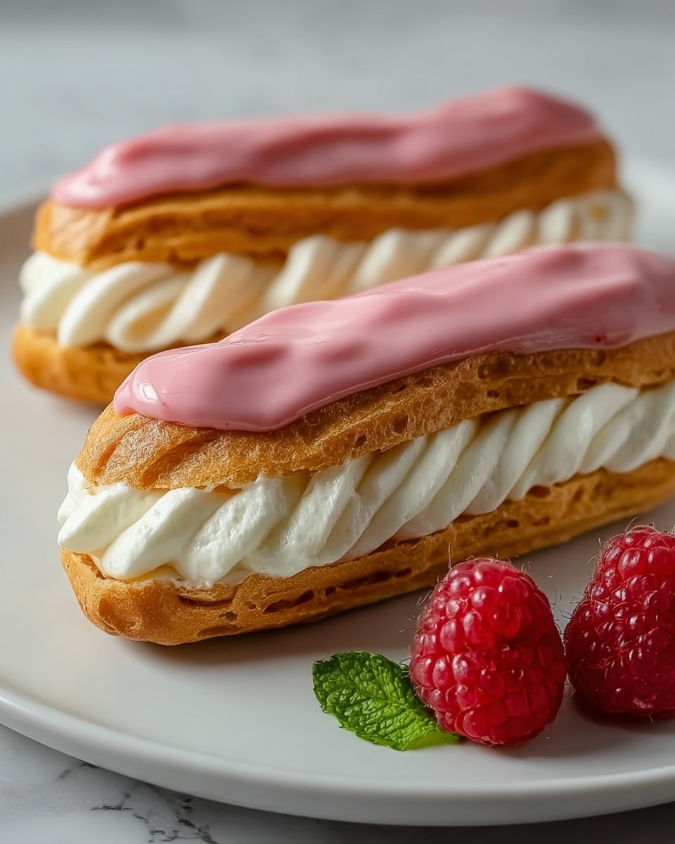 Two éclairs lie on a white plate over a white marbled texture. Each éclair has three layers: a golden-brown choux pastry base, a thick middle layer of white creamy filling piped in waves, and a smooth, glossy light pink icing layer on top. Around the éclairs, there are two bright red raspberries and a small green mint leaf, adding fresh color to the scene. The photo is close up, with soft lighting highlighting the textures and colors of the dessert. photo taken with an iphone --ar 4:5 --v 7