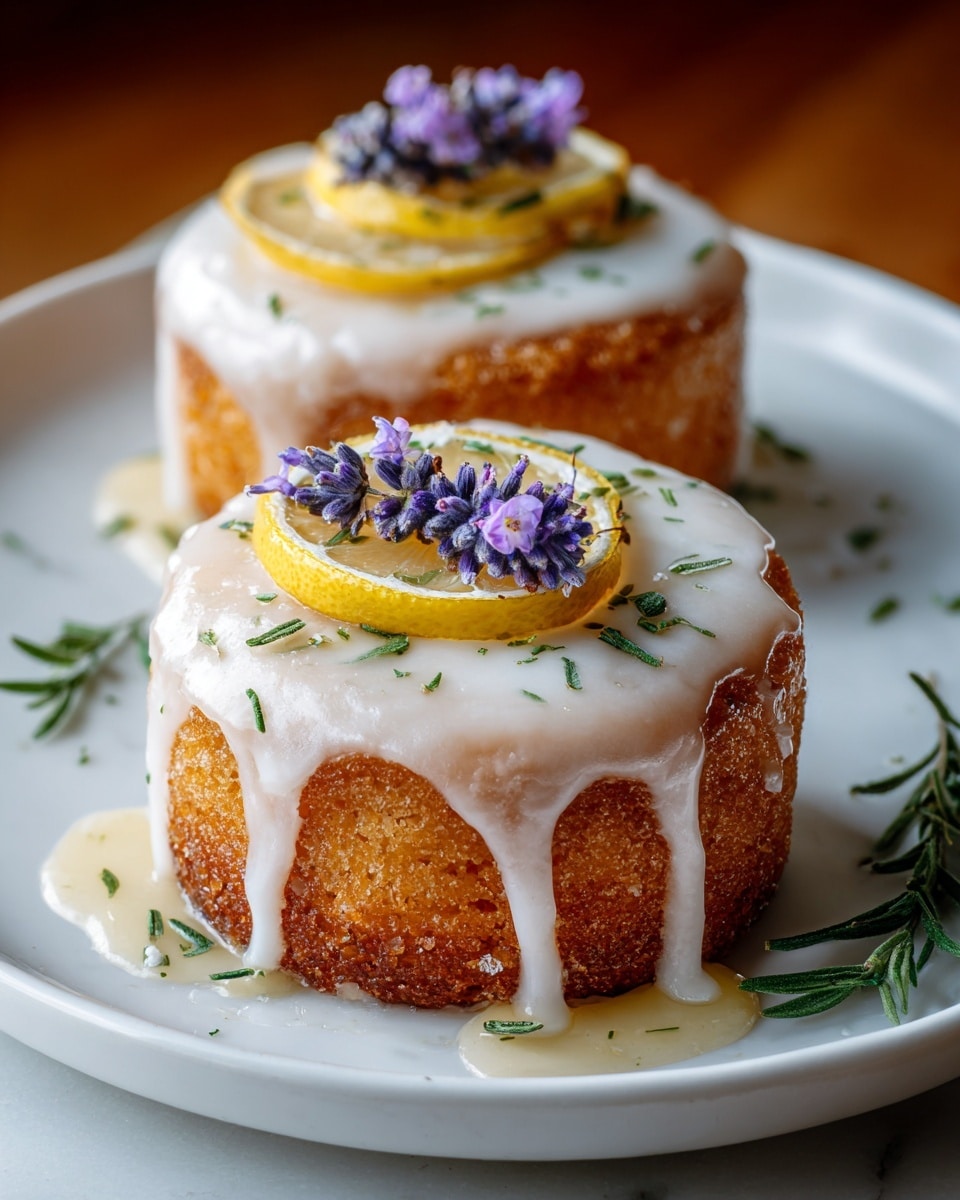 Two small round cakes sit side by side on a white plate over a white marbled surface. Each cake has a golden brown textured base and is topped with a smooth white icing that slowly drips down the sides. On top of the icing, there is a thin slice of lemon and a small bunch of purple lavender flowers, along with green herbs scattered around. The lighting highlights the moist texture of the cakes and the glistening icing. photo taken with an iphone --ar 4:5 --v 7
