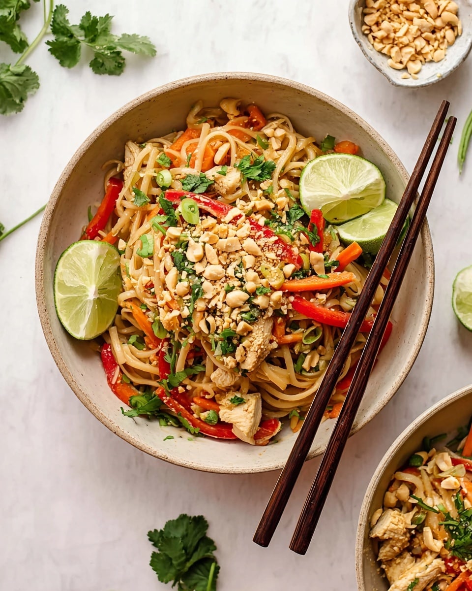 A beige bowl filled with a serving of stir-fried noodles layered with small chunks of light brown chicken, thin strips of red bell pepper, orange carrot slices, green scallions, and fresh green cilantro sprinkled on top. There are two lime wedges placed on the left and right sides of the bowl. A heap of crushed peanuts is piled in the center. Two dark brown wooden chopsticks rest across the left side of the bowl. The bowl sits on a white marbled surface with sprigs of cilantro and a small white bowl of crushed peanuts nearby. Photo taken with an iphone --ar 4:5 --v 7