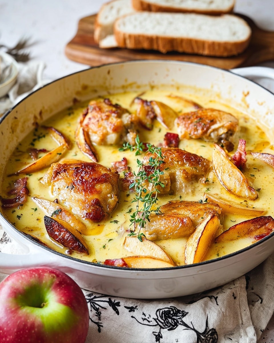 A white pan filled with a creamy yellow sauce, containing golden brown chicken pieces with crispy skin on top, scattered with roasted apple wedges that have browned edges, and small bits of cooked bacon. Fresh green herb sprigs are placed in the center of the pan. In the background, there is a slice of white bread on a wooden board, and in the foreground, a red and green apple rests on a light cloth with a black floral pattern. The scene is set on a white marbled texture surface. Photo taken with an iphone --ar 4:5 --v 7