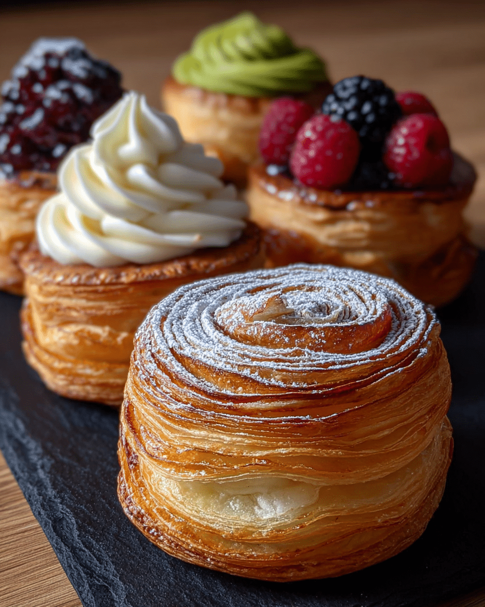 The image shows six small round pastries with many thin, golden-brown flaky layers stacked in a spiral pattern. The front pastry is plain and dusted with a light layer of powdered sugar on top, showing its crispy texture. Behind it, one pastry is topped with a swirl of creamy white frosting, and another has a green dollop, likely pistachio or matcha cream. Two pastries further back are topped with dark berry sauce and fresh raspberries. All pastries are placed on a black slate board with a soft focus wooden background replaced by a white marbled texture. photo taken with an iphone --ar 4:5 --v 7
