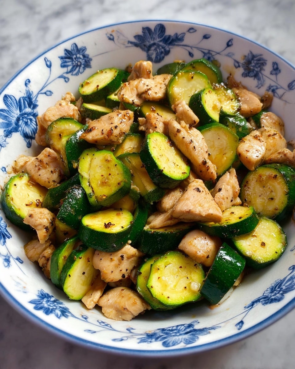 A close-up view of a white bowl with a blue floral design around the edge filled with stir-fried chicken pieces and sliced zucchini. The chicken is light brown and tender, mixed evenly with bright green zucchini slices that have a glossy cooked texture. The dish is sprinkled lightly with black pepper, adding small dark specks over the chicken and zucchini. The bowl sits on a white marbled surface, and the food looks fresh, warm, and appetizing. photo taken with an iphone --ar 4:5 --v 7