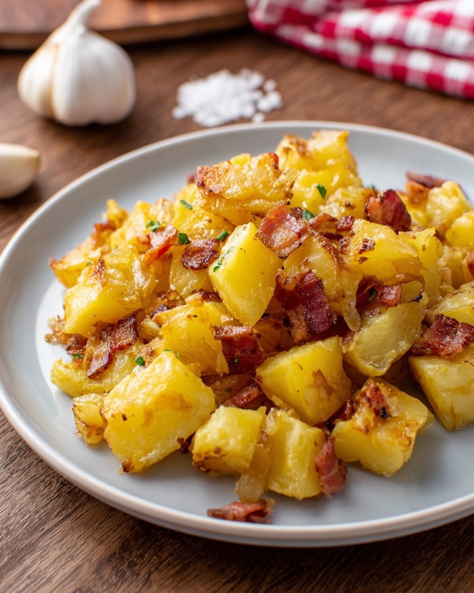 A close-up of a pile of cooked cubed yellow potatoes mixed with small pieces of crispy browned bacon on a round white plate. The potatoes have a soft, slightly glossy texture, and the bacon pieces are scattered throughout, showing a crunchy and uneven surface. The plate sits on a white marbled texture, with coarse salt crystals and garlic cloves visible in the background. Photo taken with an iphone --ar 4:5 --v 7