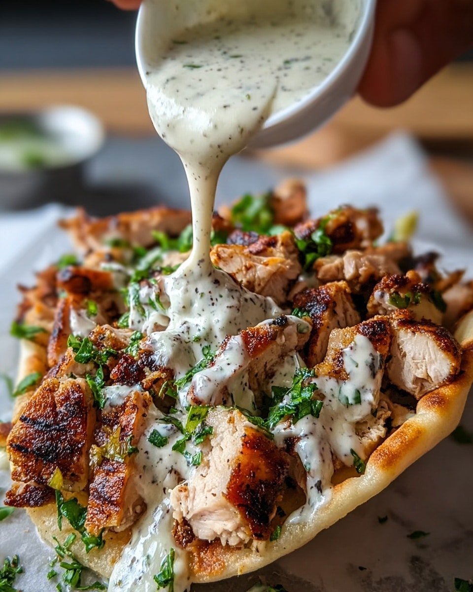A white flatbread pocket filled with multiple pieces of browned grilled chicken, showing crispy edges and tender insides, placed on a white marbled surface. The chicken is topped with scattered chopped fresh green herbs. A woman's hand is pouring a thick, creamy white sauce with black specks over the chicken, coating parts of the meat and herbs, giving a rich and moist look to the dish. The background is softly blurred, focusing attention on the food and sauce. photo taken with an iphone --ar 4:5 --v 7