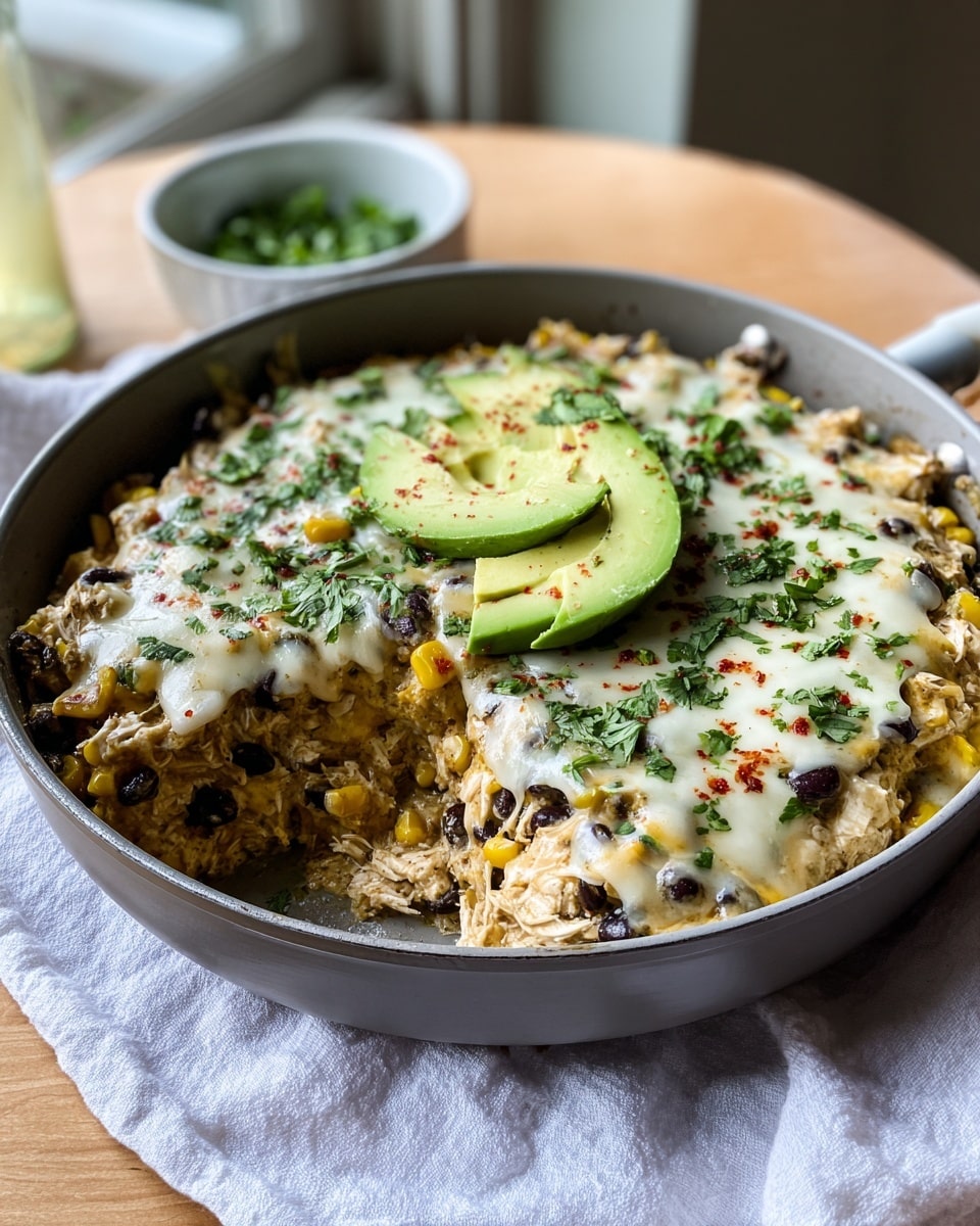 A large white pan filled with a creamy layered dish starting with shredded chicken mixed with yellow corn and black beans as the base layer. On top of that is a melted layer of white cheese, dotted with more black beans and corn, sprinkled with chopped fresh green cilantro and small bits of red chili flakes. Two slices of sliced avocado sit on top near the center, adding light green smooth texture contrast. In the background, a small white bowl of chopped cilantro is visible, and the pan rests on a light wooden surface with a white marbled texture in the overall scene. photo taken with an iphone --ar 4:5 --v 7