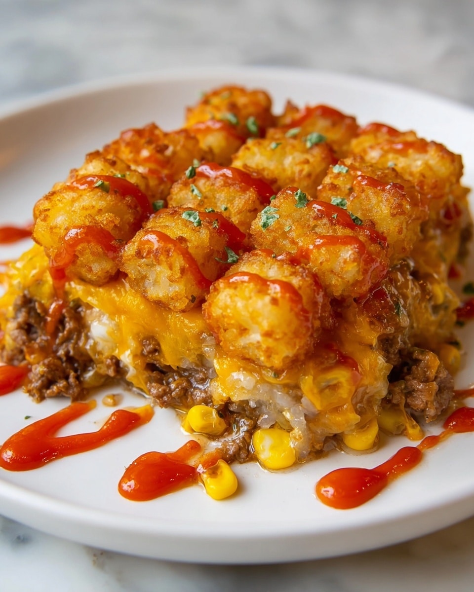 A rectangular white baking dish filled with one layer of golden brown tater tots tightly arranged side by side, topped evenly with melted bright orange cheddar cheese that covers the middle section more thickly, drizzled with zigzag lines of reddish hot sauce, and sprinkled with small bits of fresh green herbs scattered on top. The edges of the tater tots are crispy and slightly darker. The dish sits on a white marbled surface. photo taken with an iphone --ar 4:5 --v 7