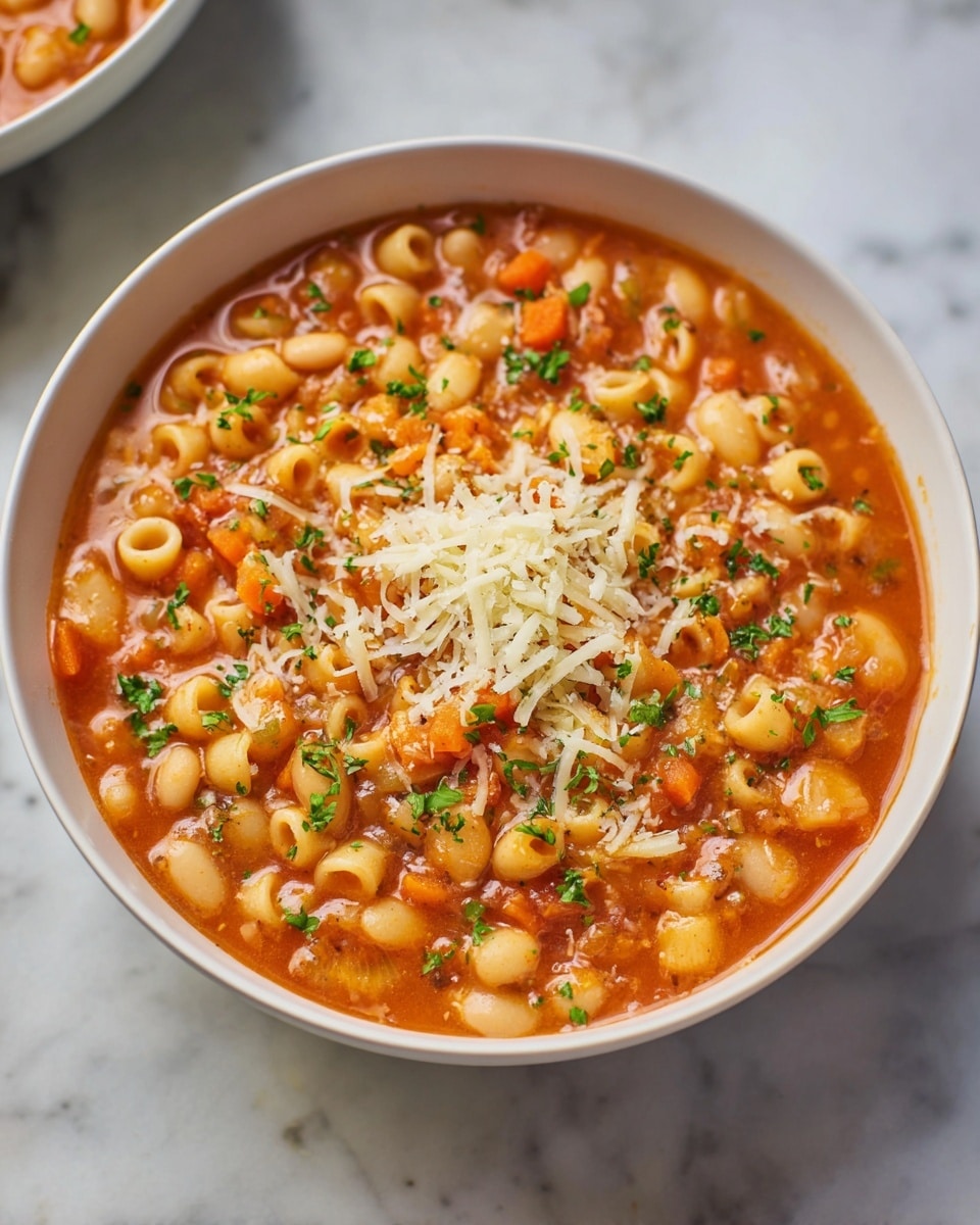 A white bowl is filled with a thick tomato-based soup layered with small round pasta pieces and white beans evenly mixed throughout. The soup has a rich orange-red color with visible bits of finely chopped orange carrots and green herbs sprinkled on top. There is a light topping of shredded pale yellow cheese centered in the bowl. The bowl sits on a white marbled surface, and the dish looks warm and hearty. photo taken with an iphone --ar 4:5 --v 7
