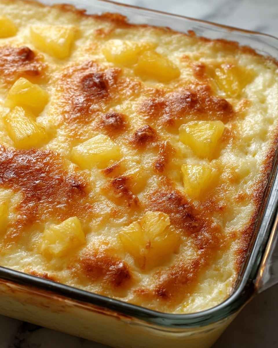 A close-up view of a baked pineapple casserole in a clear square glass dish, showing two visible layers: a bottom layer of soft, creamy, light yellow batter and a top layer of browned, bubbly golden crust with chunks of bright yellow pineapple pieces scattered evenly across the surface. The texture of the top layer is slightly crispy and uneven with some golden-brown spots. The background has a white marbled texture. Photo taken with an iphone --ar 4:5 --v 7