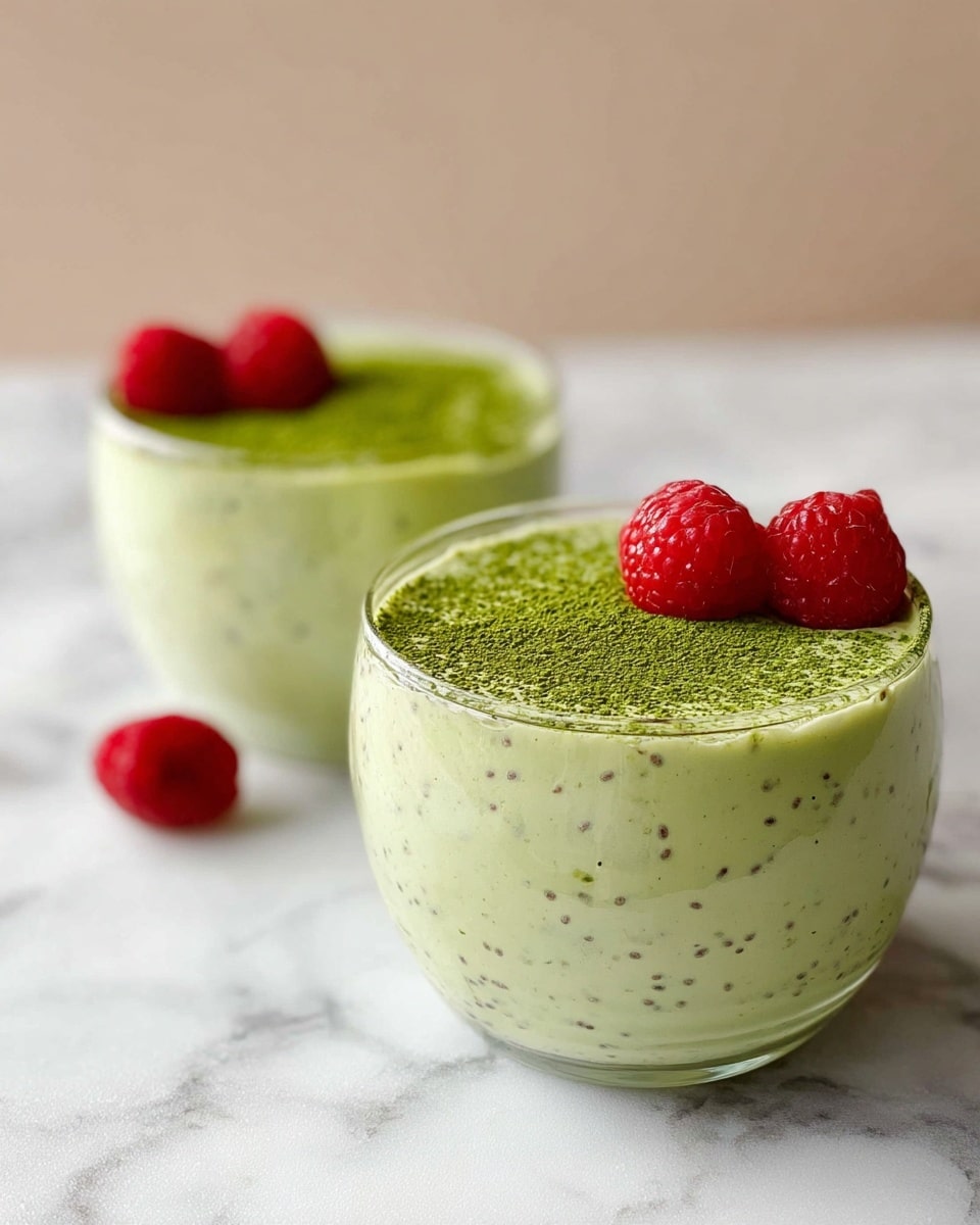 Two glass cups filled with a creamy pale green dessert that has small dark specks throughout, likely chia seeds, making one smooth layer. The top layer is dusted with a fine bright green powder and decorated with two fresh red raspberries placed on one side of the surface. The cups are on a white marbled surface with a soft, neutral background, and a little red object is seen near the front cup. Photo taken with an iphone --ar 4:5 --v 7