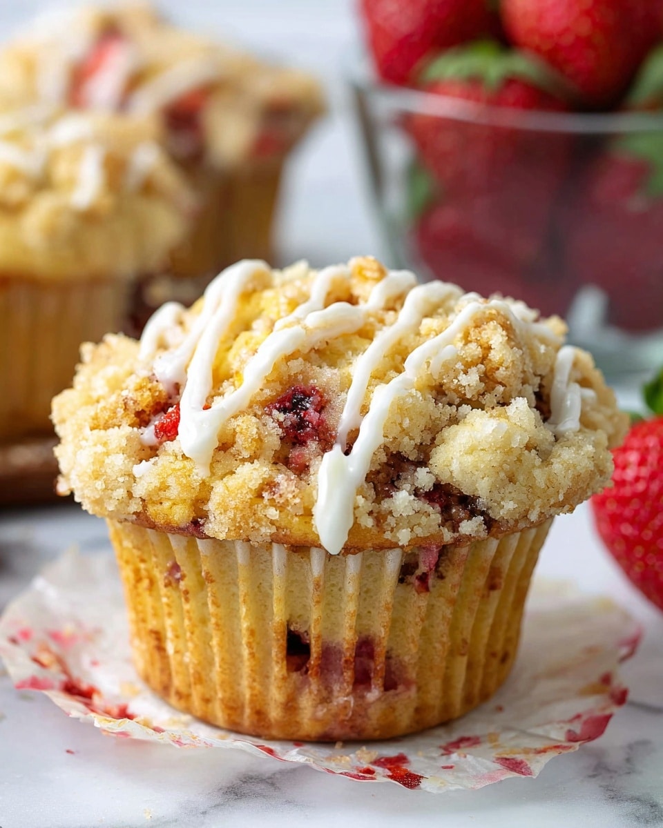 The image shows a close-up of a single muffin with a crumbly, light yellow streusel topping mixed with small pieces of red strawberry bits scattered throughout. Three irregular white icing stripes run across the top of the muffin. The muffin's body is golden brown with a soft texture and visible small spots of strawberry inside. It rests on a white paper liner with faint red stains. In the blurred background, there is another muffin and a glass bowl filled with whole strawberries, all placed on a white marbled surface. photo taken with an iphone --ar 4:5 --v 7