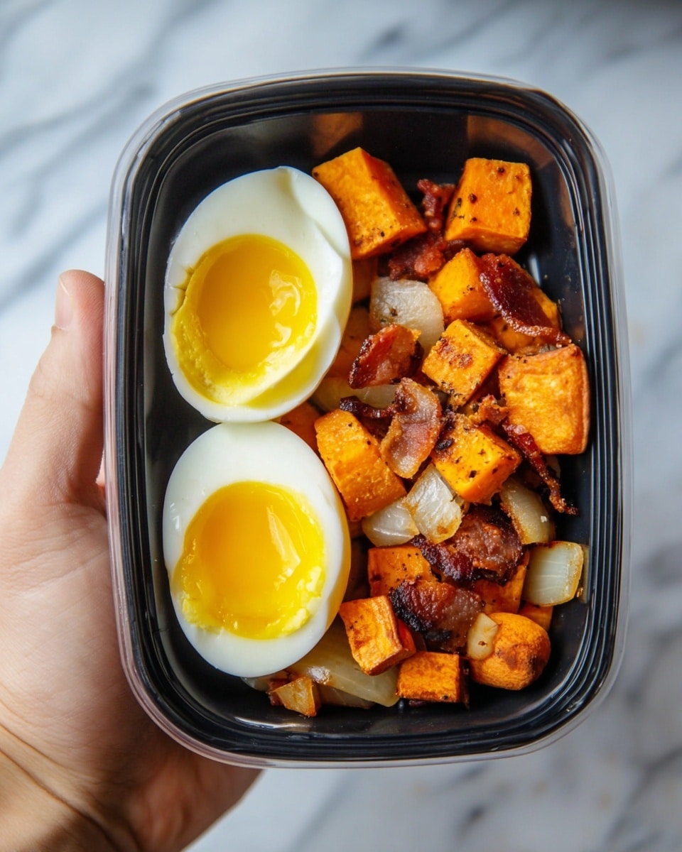 A black rectangular container holds a simple meal with two halves of a boiled egg on the left side, showing bright yellow yolks and smooth white edges. Next to the eggs, on the right side, are small chunks of roasted sweet potato with a golden-orange color, some pieces slightly charred, mixed with browned bits of onion and crispy bacon. A woman's hand is holding the container on the left edge, and the whole scene rests on a white marbled texture. photo taken with an iphone --ar 4:5 --v 7