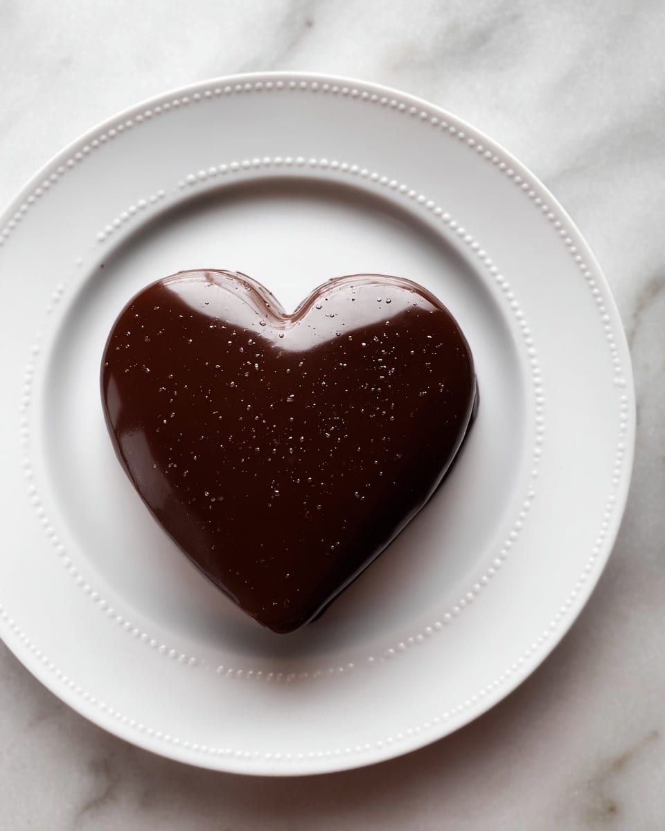 A small heart-shaped cake covered with smooth, shiny dark chocolate glaze is centered on a white plate with a subtle beaded edge. The cake's surface reflects soft light, showing its glossy texture with tiny air bubbles. The white plate sits on a white marbled surface, creating a clean, simple look. photo taken with an iphone --ar 4:5 --v 7