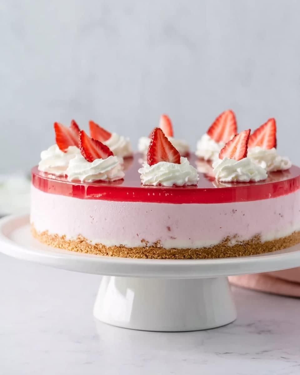 A round cake with a smooth, bright red top layer that looks like a berry glaze sits on a white plate. Around the edge of the cake is a ring of white whipped cream shaped into small stars and dollops. Each larger dollop has a fresh, halved strawberry placed on top. The background is a white marbled surface with a soft green cloth and a vintage silver cake server nearby. Photo taken with an iphone --ar 4:5 --v 7