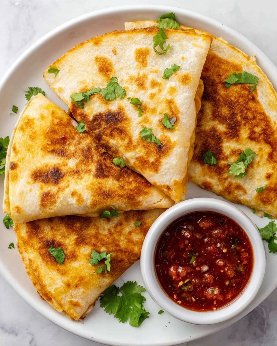 A white round plate holds four golden-brown quesadilla wedges arranged in a loose circle, with the top two slightly overlapping. Each quesadilla shows crisp, browned patches with a soft, warm texture and is garnished with small green cilantro leaves scattered around and on top. To the right side of the plate, a small white bowl is filled with chunky red salsa, showing visible bits of black pepper and spices. The plate sits on a white marbled surface, giving the whole setup a clean, fresh look. photo taken with an iphone --ar 4:5 --v 7