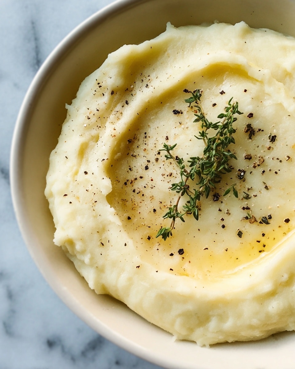 A close-up image of creamy mashed potatoes served in a white bowl showing a thick, smooth layer of pale yellow mashed potatoes, with a slightly uneven surface texture. The center is topped with a small sprig of fresh green thyme and sprinkled with coarse black pepper. The background has a white marbled texture. photo taken with an iphone --ar 4:5 --v 7