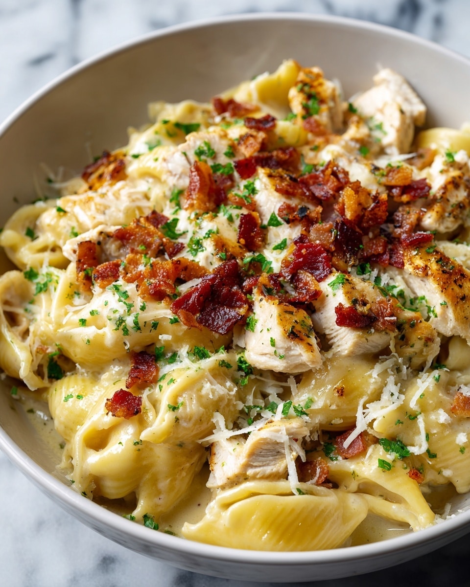 A white oval dish is filled with a creamy baked pasta layered with large pasta shells coated in a smooth, melted white cheese sauce. Chunks of tender, light brown grilled chicken are mixed throughout, adding texture. Crispy small, dark red bacon pieces are sprinkled over the top, contrasting with the creamy sauce. The whole dish is finished with a generous sprinkle of fresh, finely chopped green parsley. The surface behind the dish is a white marbled texture. photo taken with an iphone --ar 4:5 --v 7