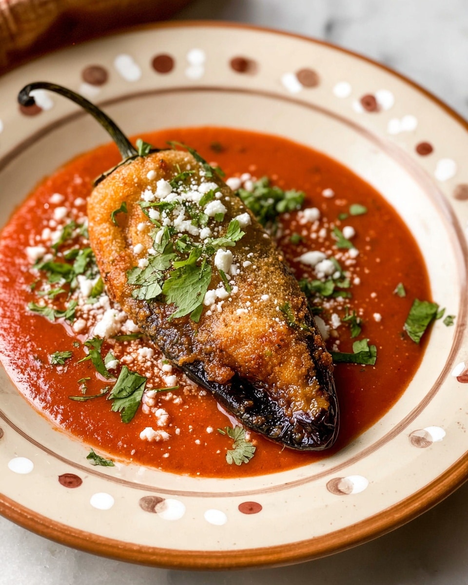 A single fried chili pepper with a golden brown, slightly crispy outer layer lies in the center of a white plate with decorative painted dots along the edge. The chili is partly blackened at the stem end, sitting on a thick, bright red sauce that pools around it. The sauce has a smooth texture with some small chunks. Crumbled white cheese and finely chopped fresh green cilantro are sprinkled generously on top of the chili and sauce, adding a lively contrast to the colors. The plate rests on a white marbled surface. photo taken with an iphone --ar 4:5 --v 7