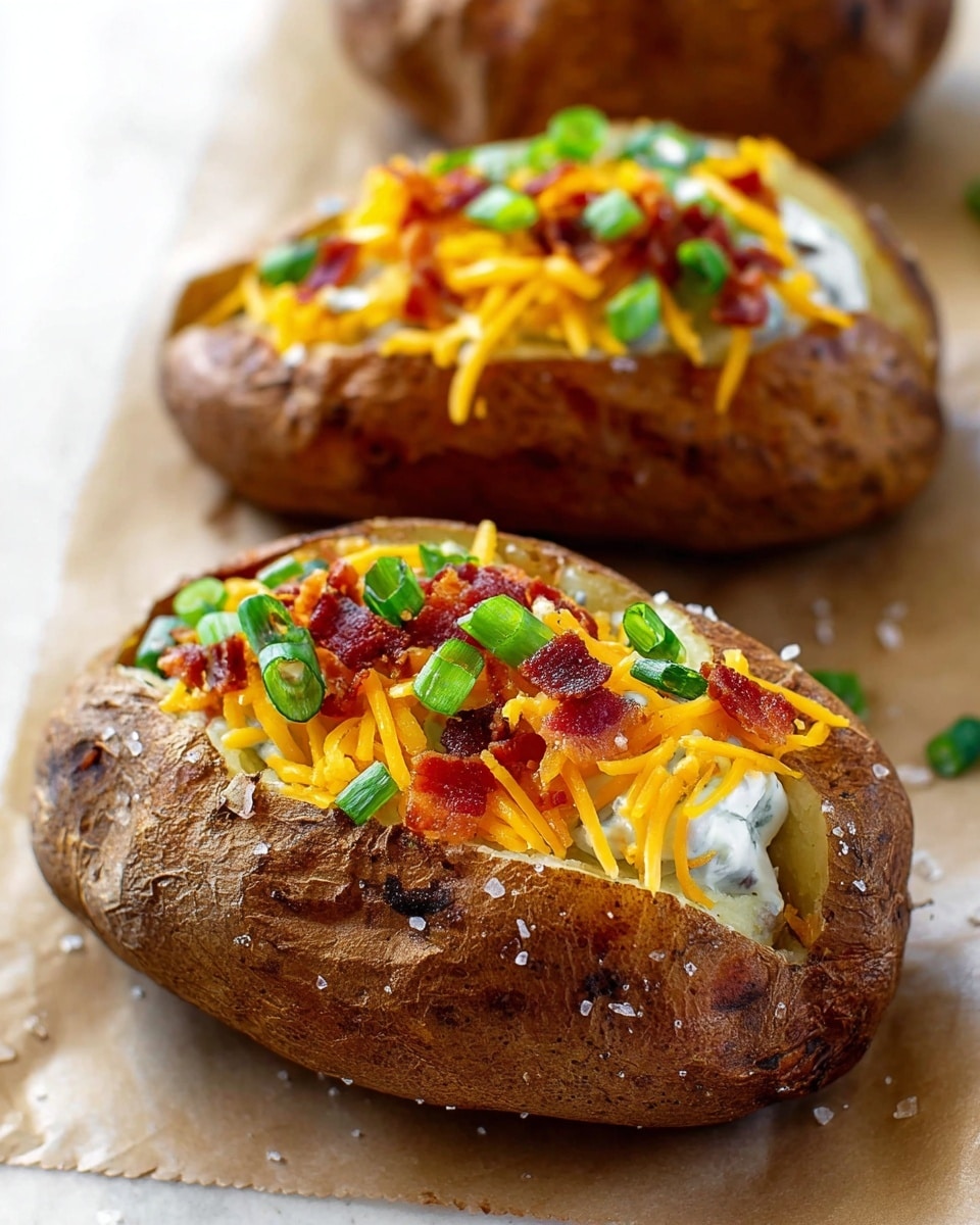 Two baked potatoes are lined up on a white marbled surface covered with light brown paper. Each potato has a crispy, dark brown skin with coarse salt sprinkled on top. The potatoes are cut open in the middle to reveal soft, white fluffy potato inside. On top of this, there is a layer of orange shredded cheddar cheese, creamy white sour cream, red crispy bacon bits, and fresh green sliced scallions scattered on each potato. The close-up shows the texture of all layers clearly and vividly. Photo taken with an iphone --ar 4:5 --v 7