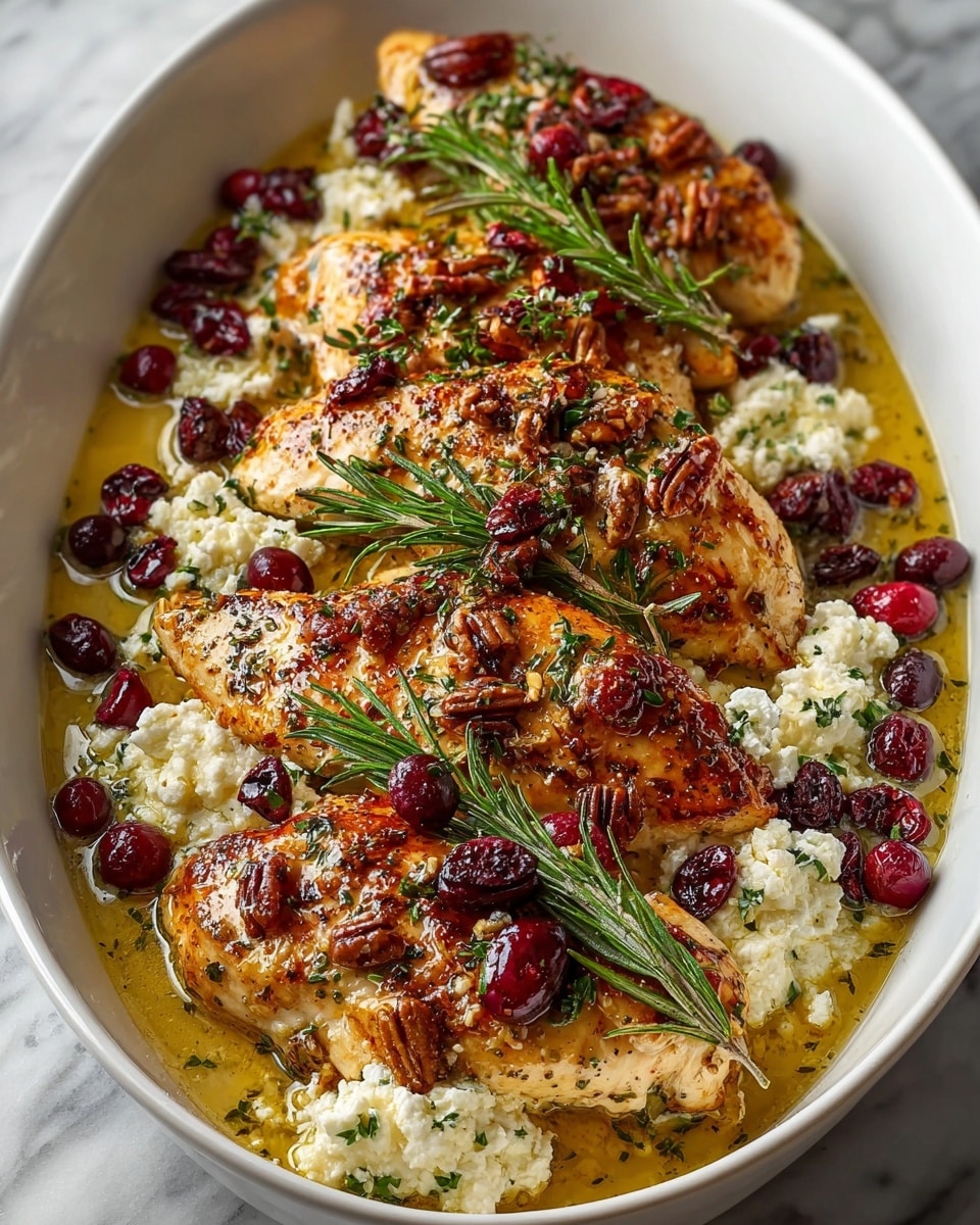 The image shows a white oval dish filled with four browned and seasoned chicken breasts arranged in a line, each topped with bright green sprigs of fresh rosemary and scattered dark red cranberries. Around the chicken, there are large dollops of crumbly white cheese mixed with glossy pecan halves, all sitting in a golden sauce that glistens with herbs and spices. The dish rests on a white marbled surface. photo taken with an iphone --ar 4:5 --v 7