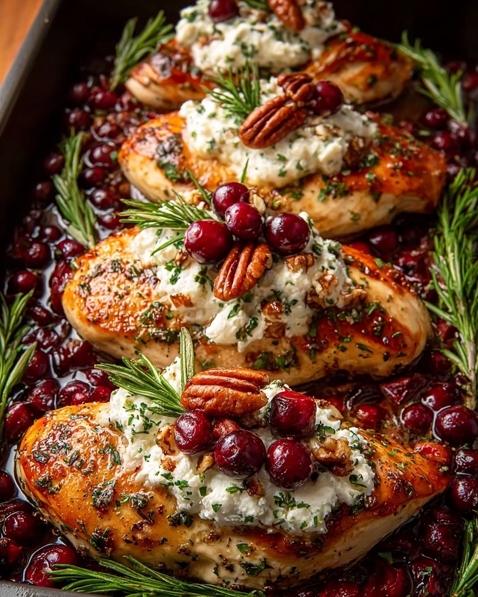 A close-up image shows four pieces of golden brown cooked chicken breasts arranged in a dark baking pan. Each piece of chicken is topped with a dollop of white creamy cheese, a small bunch of glossy red cranberries, a few shiny brown pecans, and a sprig of fresh green rosemary. The chicken is coated with scattered green herbs and sits in a sauce filled with more cranberries and pecans, creating a rich, textured look with deep reddish and brown colors around the chicken. The background and surface feature a white marbled texture. Photo taken with an iphone --ar 4:5 --v 7