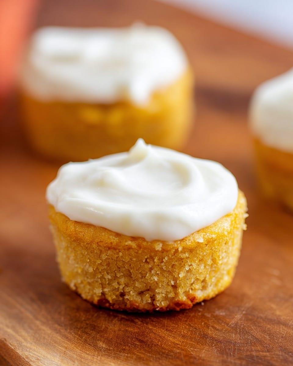 Two small cupcakes sit on a wooden surface, each topped with a smooth, thick layer of white frosting. The cupcakes have a golden-yellow color with a slightly crumbly texture, and the frosting is gently spread on top without sharp edges or high peaks. The focus is on the nearest cupcake, while the second cupcake appears slightly blurred in the background, showing a soft, even frosting layer as well. photo taken with an iphone --ar 4:5 --v 7