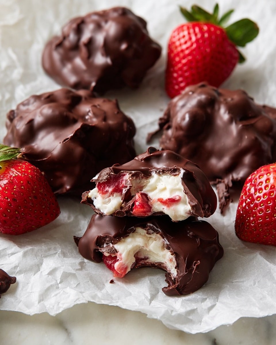 Several irregularly shaped, dark brown chocolate-covered clusters sit on crinkled white parchment paper over a white marbled surface. One cluster is broken open, showing a creamy white filling mixed with pieces of bright red strawberries inside. Around the clusters, there are fresh, glossy red strawberries with green leaves. The chocolate coating looks smooth but slightly uneven in thickness, creating small peaks and ridges on each piece. photo taken with an iphone --ar 4:5 --v 7