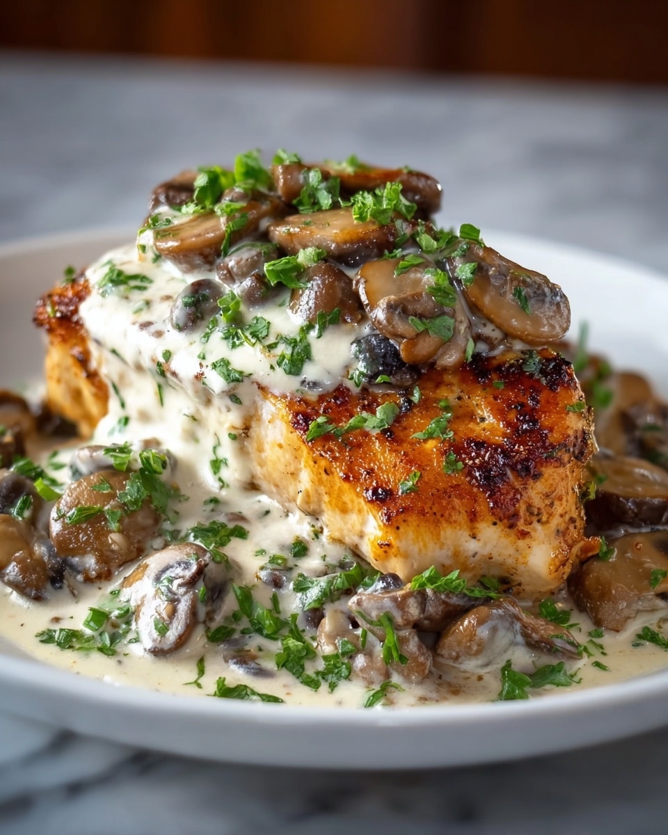 The dish shows a thick piece of grilled chicken breast with a golden-brown crispy outside layer. On top and around the chicken, there is a creamy white sauce mixed with cooked brown mushrooms, creating a smooth and chunky texture. Bright green chopped herbs are sprinkled all over the chicken and sauce for a fresh touch. The food sits on a white plate, placed on a white marbled surface, with the focus tightly on the chicken and sauce layers. photo taken with an iphone --ar 4:5 --v 7