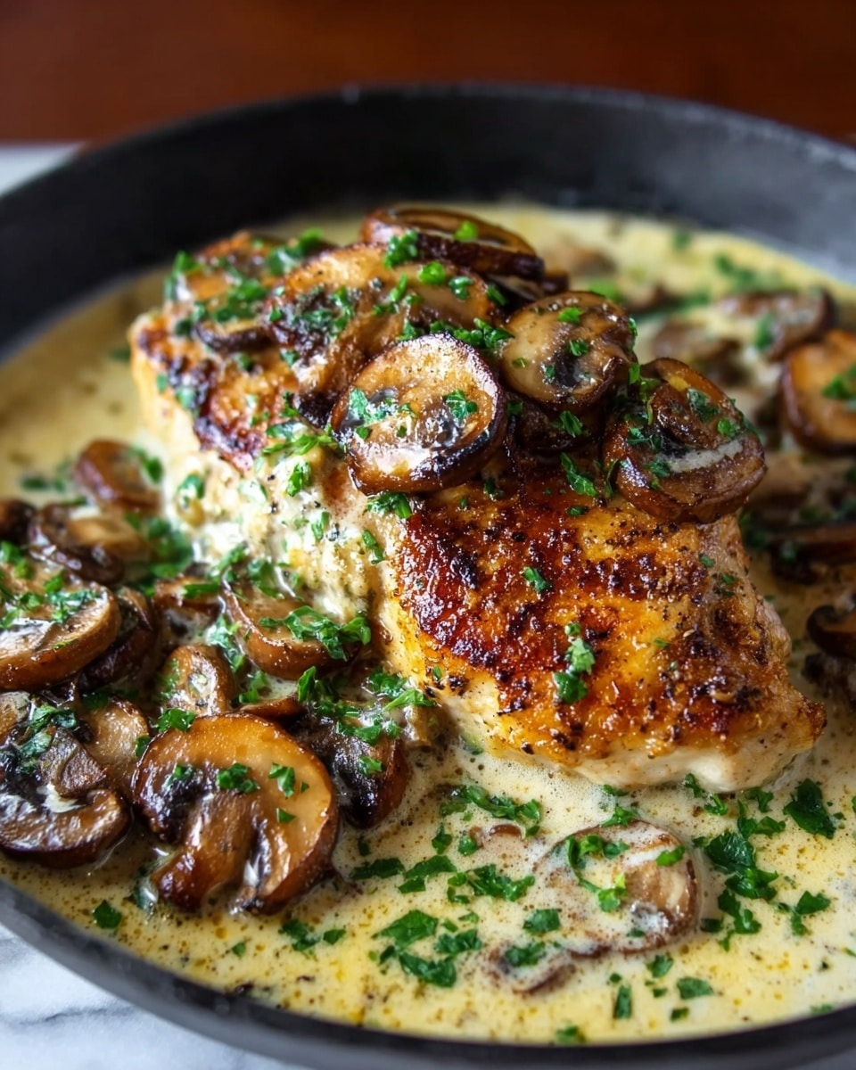 A close-up image of a single cooked chicken breast with golden-brown, crispy skin on top, resting in a creamy light yellow sauce. On top of and around the chicken are several browned, sautéed mushroom slices with a slightly glossy texture. The dish is garnished with chopped bright green herbs sprinkled generously over the chicken, mushrooms, and sauce. The food is in a black skillet placed on a white marbled surface, showing a warm and inviting presentation. photo taken with an iphone --ar 4:5 --v 7
