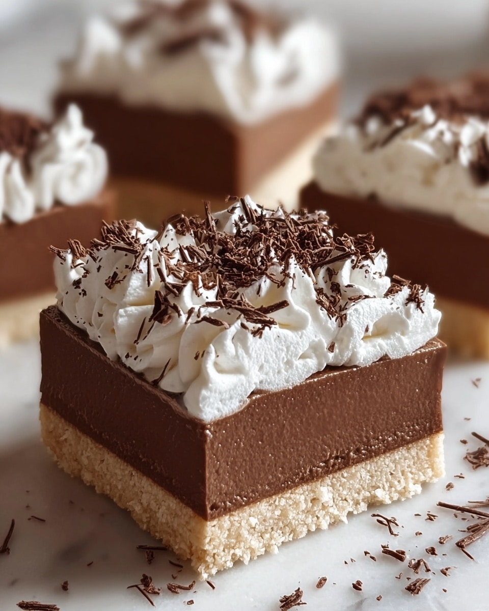 A square dessert bar with three layers is shown on a white marbled surface. The bottom layer is a crumbly, light beige crust. The middle layer is a thick, smooth, and dense chocolate mousse colored dark brown. The top layer is a generous swirl of bright white whipped cream that looks soft and fluffy, sprinkled with fine, dark chocolate shavings. Pieces of this dessert are closely placed in the background, slightly out of focus. Photo taken with an iphone --ar 4:5 --v 7