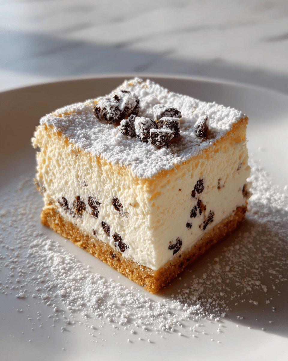 A square piece of cheesecake sits on a white plate over a white marbled surface, showing three distinct layers: a crumbly golden-brown base at the bottom, a thick creamy white cheesecake middle with small dark chocolate chip pieces scattered inside, and a thin, lightly browned top layer dusted generously with white powdered sugar. The texture appears soft and smooth with the powdered sugar adding a fine grainy look on top, and some powdered sugar is lightly scattered around the plate near the dessert's edges. Photo taken with an iphone --ar 4:5 --v 7