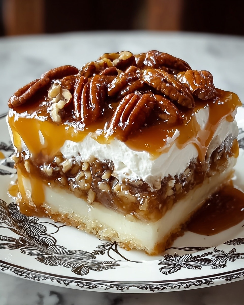 A square dessert with four visible layers sits on a white plate with a black floral pattern, placed on a white marbled surface. The bottom layer is a light-colored, soft cake base, topped by a thick, gooey caramel and nut filling that is golden brown with small nut pieces. Above that is a fluffy layer of whipped cream, bright white and smooth. The top layer is glossy caramel sauce, generously covered with whole, shiny pecan halves that are rich brown with a glossy texture. The layers are cleanly stacked and the caramel sauce slightly drips over the edges. Photo taken with an iphone --ar 4:5 --v 7