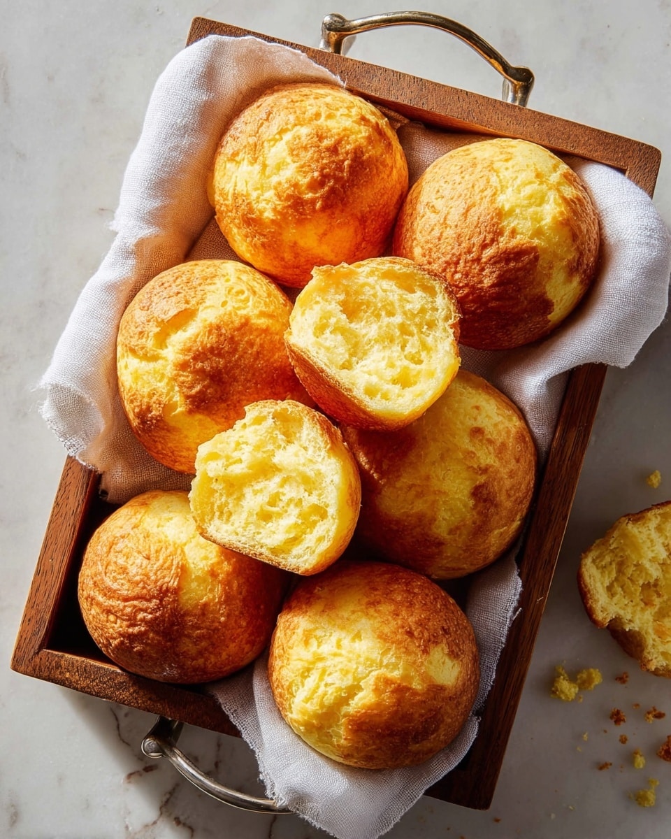 A wooden tray lined with a white cloth holds nine round, golden brown cheese bread rolls with a slightly cracked and crispy top layer showing their fluffy, creamy yellow inside; one bread is cut in half to reveal its airy texture, crumbs are scattered on the white marbled surface around the tray, and the tray's metal handles are visible on the left side. photo taken with an iphone --ar 4:5 --v 7