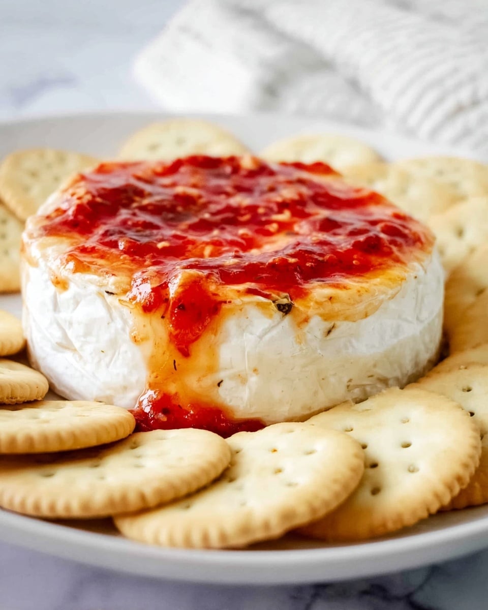 A round white cheese wheel with a soft texture is topped with a thick, slightly chunky layer of bright red sauce that drips gently down the white sides. The cheese sits on a plain white plate surrounded by several round, light golden crackers with small holes on their surface. The background is a white marbled texture with a blurred soft object behind the plate. Photo taken with an iphone --ar 4:5 --v 7