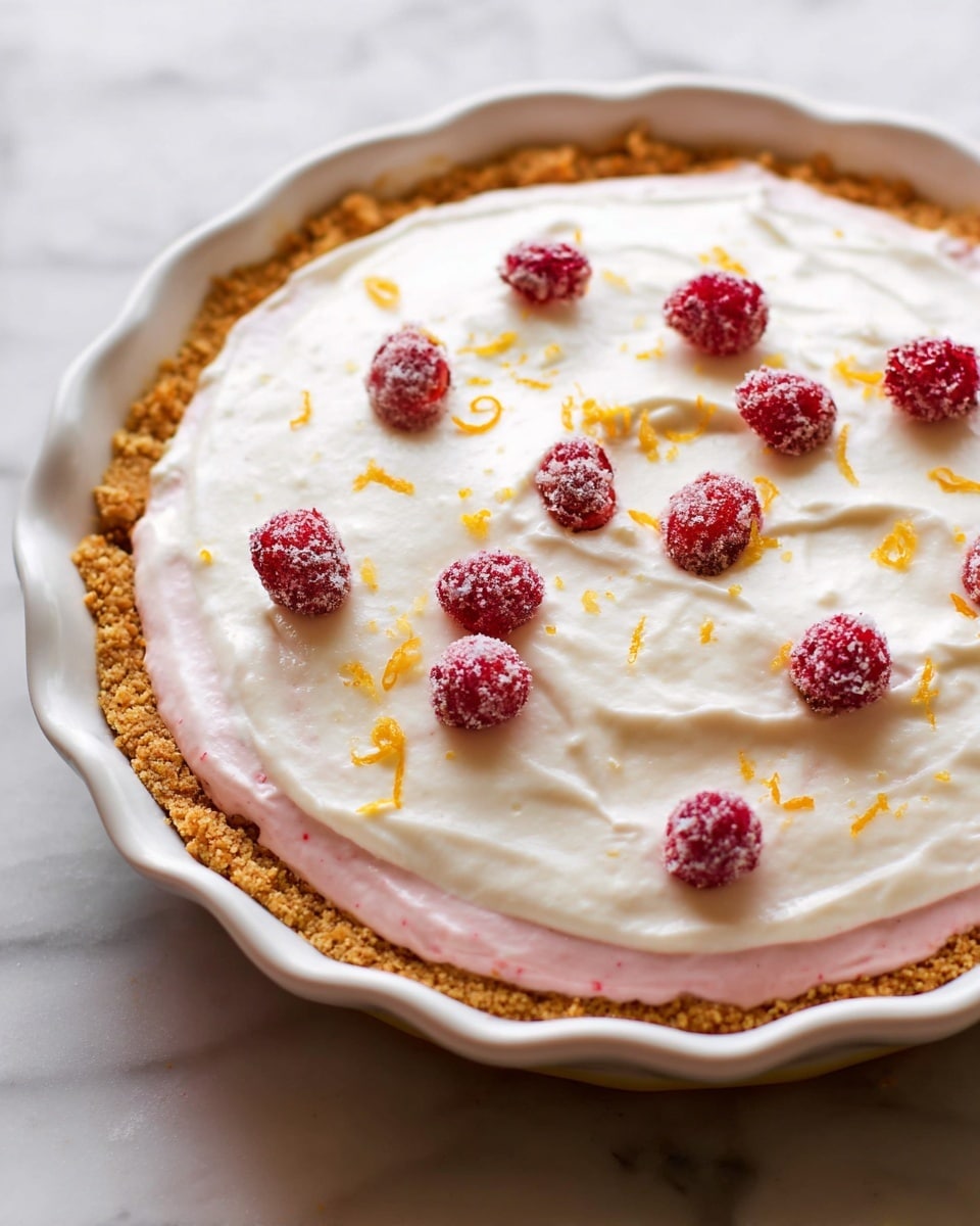 A creamy pie with three clear layers sits in a white pie dish with a crumbly, golden-brown crust on the bottom and sides. The middle layer is a soft pink filling, topped with a thick, smooth white cream layer that covers the whole pie. Small red berries dusted with white sugar are placed on the cream, scattered evenly. Thin orange zest pieces are sprinkled over the top, adding tiny bright spots against the white cream. The pie dish rests on a white marbled surface. Photo taken with an iphone --ar 4:5 --v 7