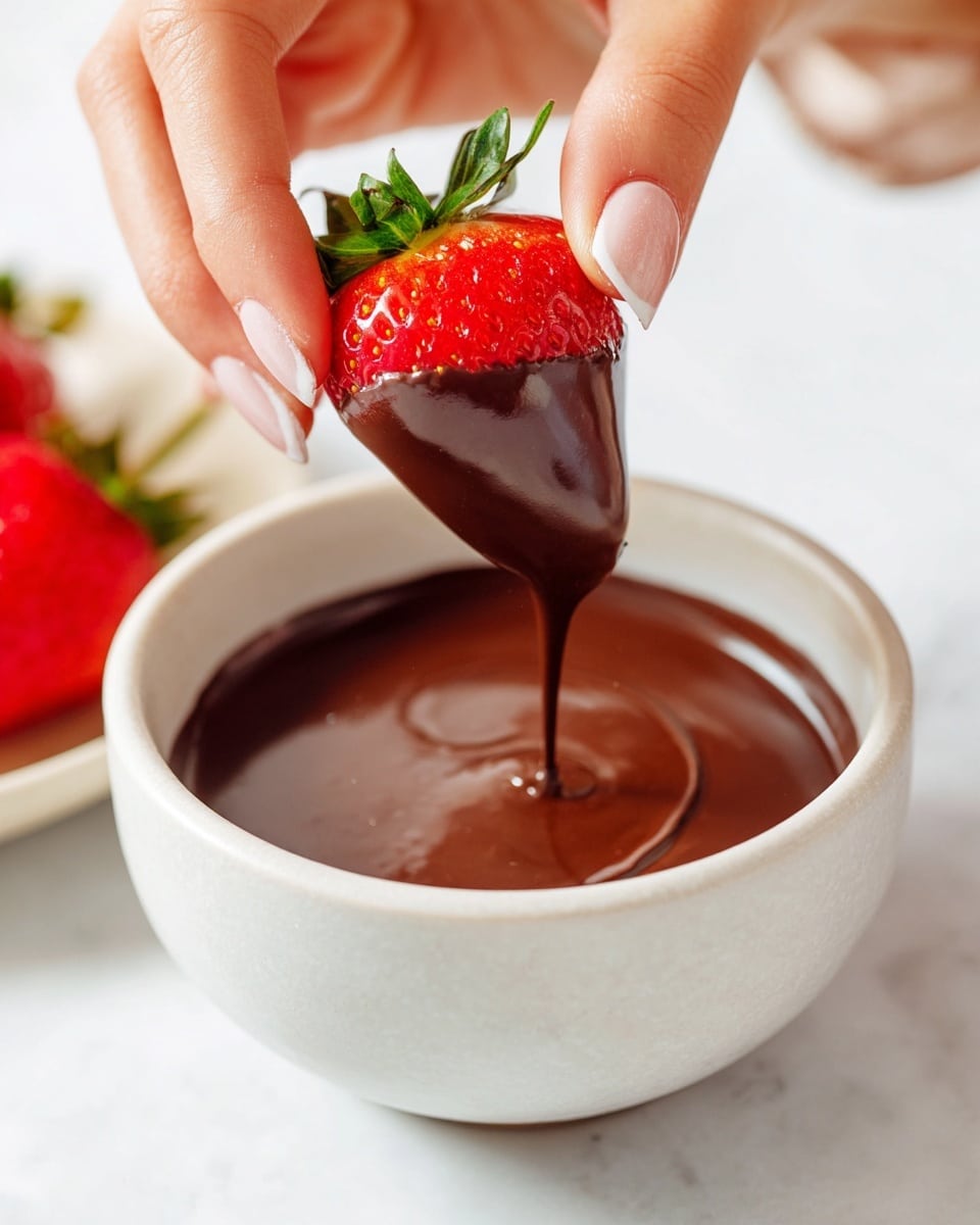 A close-up image of a single bright red strawberry being dipped into a white bowl filled with smooth, dark brown melted chocolate. The strawberry is held by a woman's hand with light, natural nails, dipping halfway into the chocolate so the lower part of the berry is coated while the green leafy top stays clean. The chocolate is shiny and thick, dripping slowly back into the bowl. The bowl sits on a white marbled surface. Photo taken with an iphone --ar 4:5 --v 7