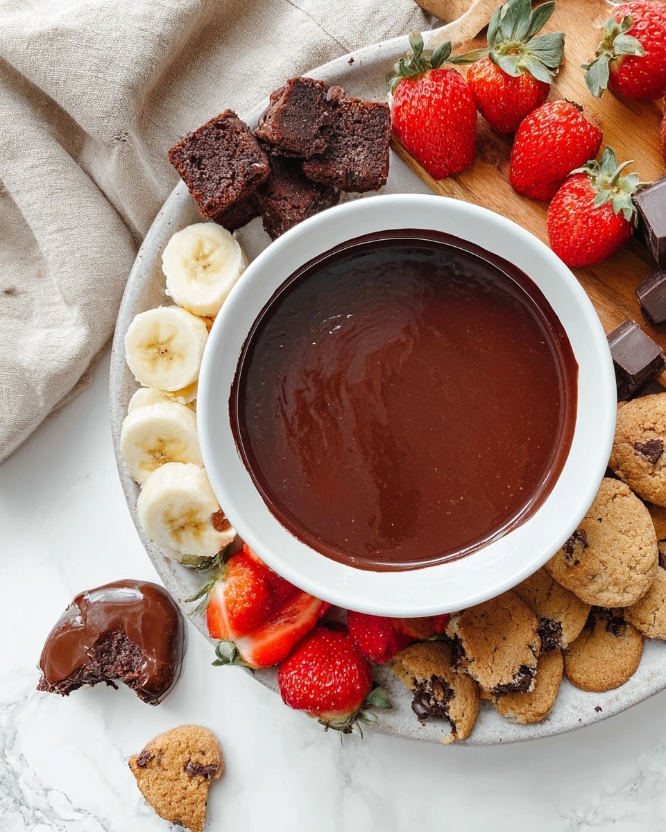 The image shows a white bowl full of smooth, dark chocolate sauce placed on a large white plate with a light gray texture, surrounded by sliced yellow banana pieces, deep brown brownie chunks, fresh bright red strawberries with green tops, and broken light brown chocolate chip cookies. Nearby, there is a broken chocolate chip cookie on the white marbled surface, and a rustic light wood tray holding dark chocolate shards and halved strawberries. The overall setup is on a white marbled background with a beige cloth nearby. photo taken with an iphone --ar 4:5 --v 7